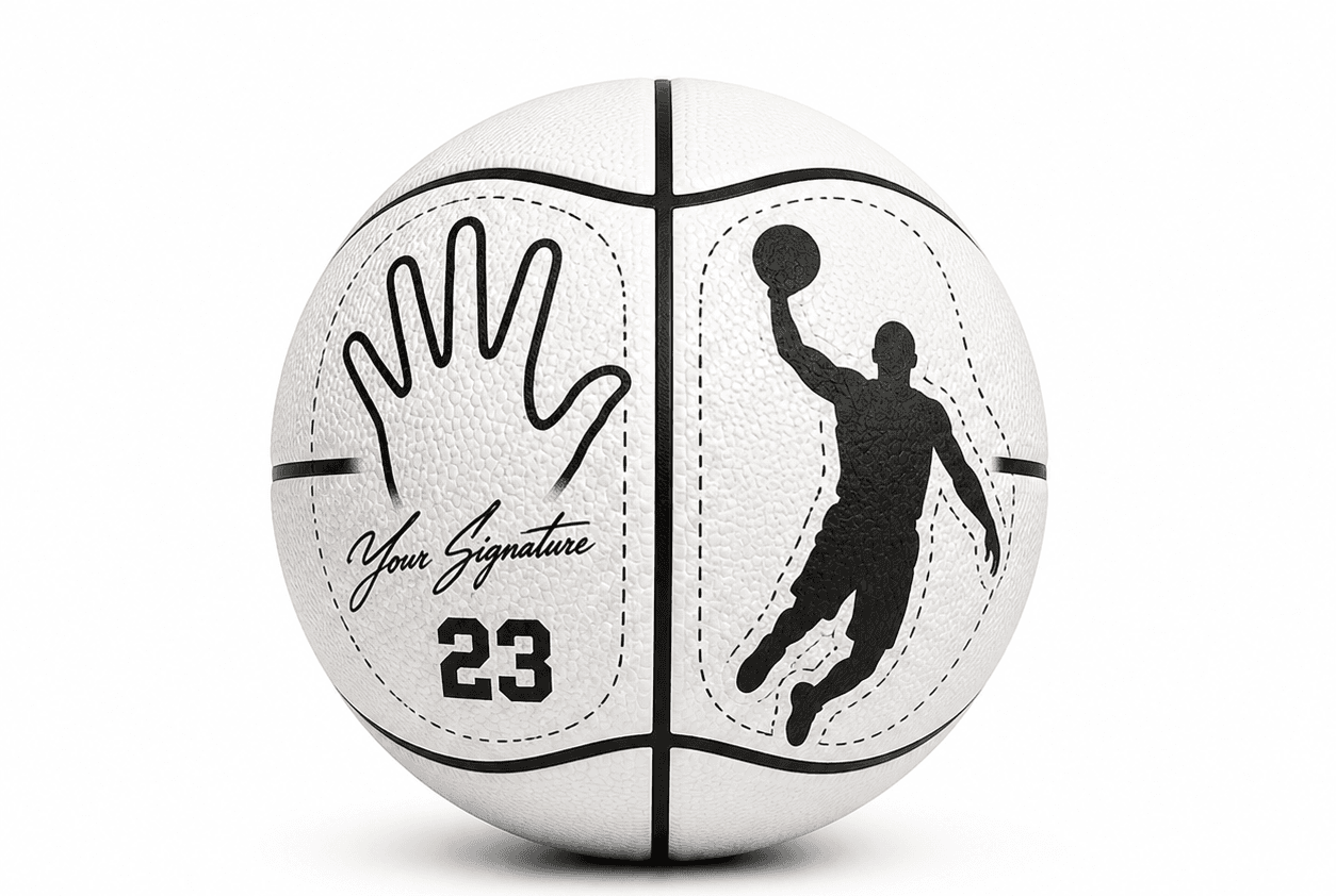 Custom basketball theme template with handprint, signature, and player silhouette